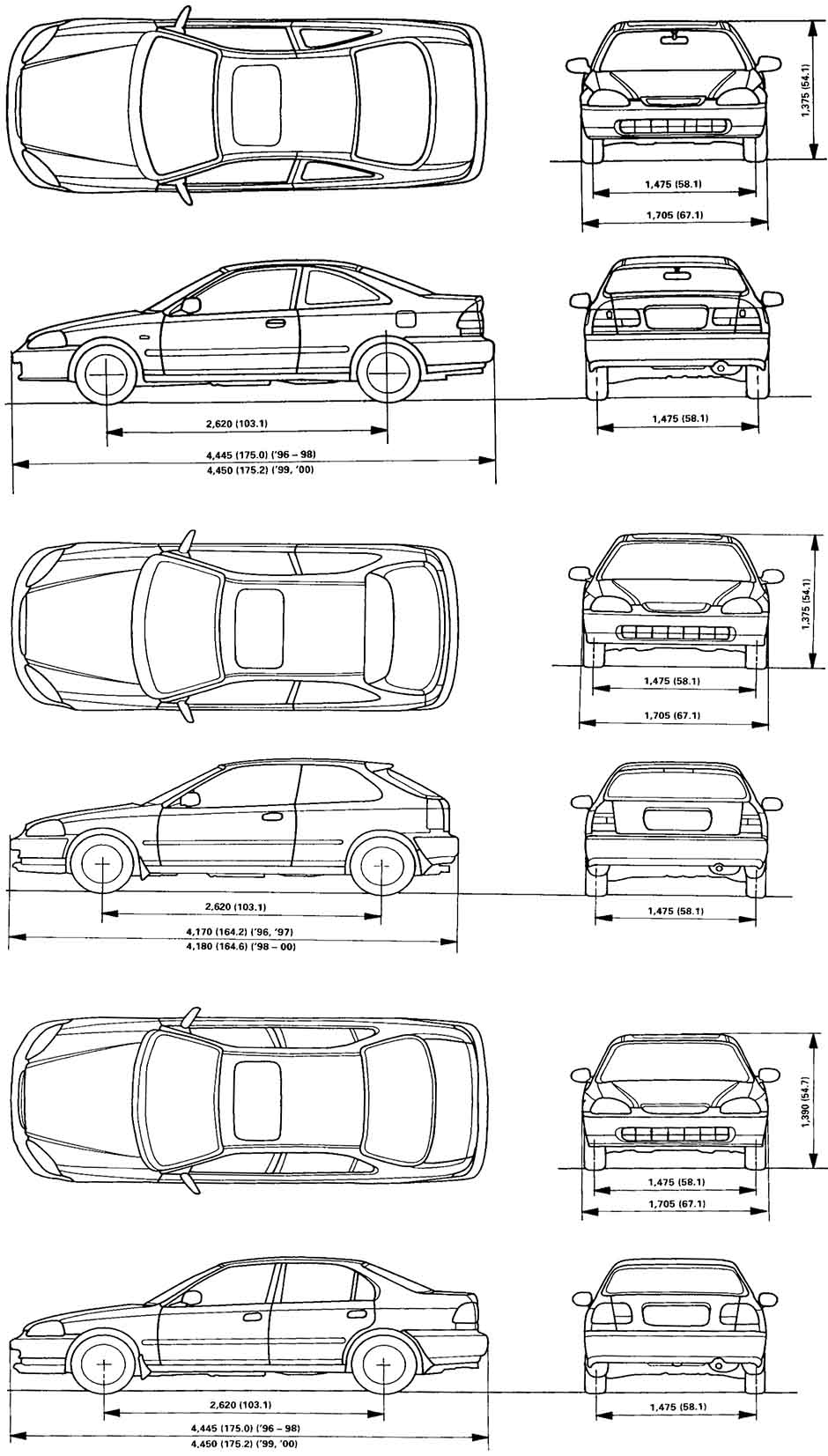 Габаритные размеры Хонда Сивик 1996-2000 (dimensions Honda Civic mk6)
