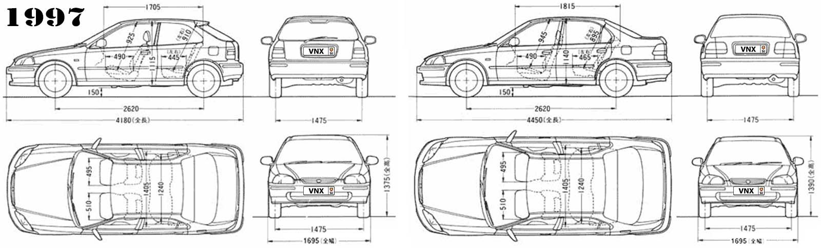 Габаритные размеры Хонда Сивик 1997 (dimensions Honda Civic mk6)