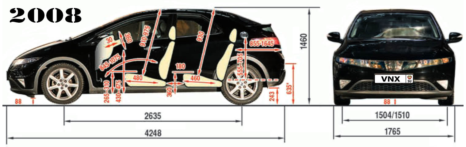 Габаритные размеры Хонда Сивик 5Д 2005-2011 (dimensions Honda Civic 5D Mark VIII)