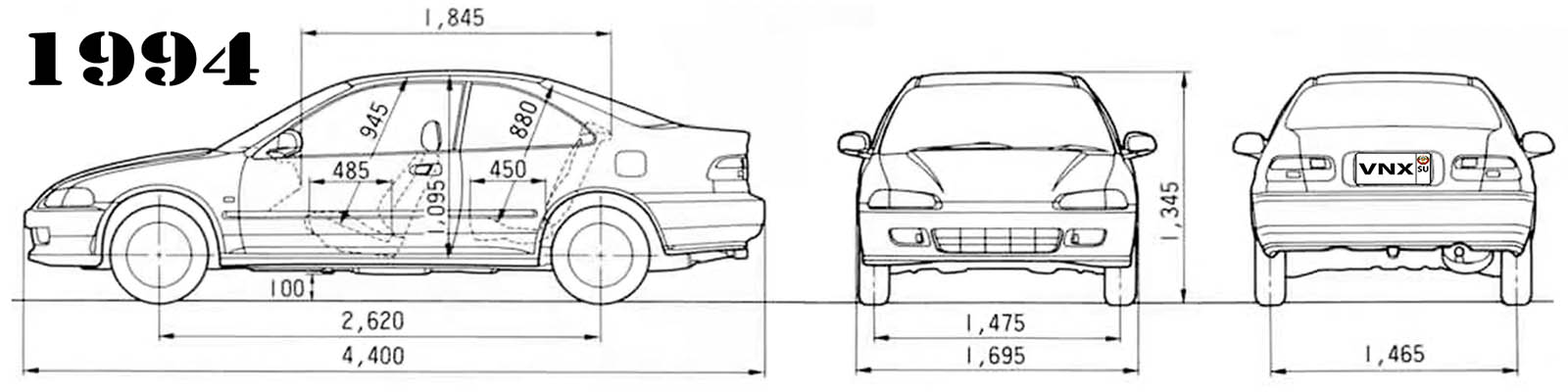 Габаритные размеры Хонда Сивик купе 1994 (dimensions Honda Civic COUPE EJ1/EJ2)
