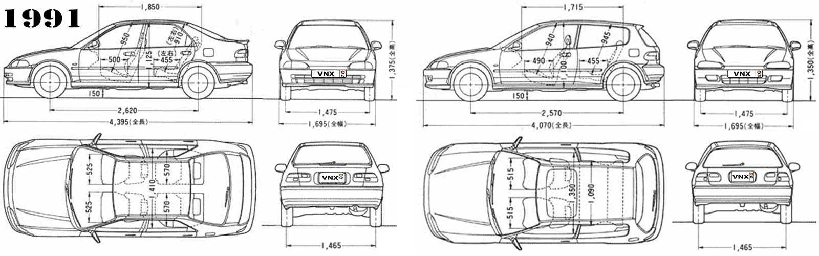 Габаритные размеры Хонда Сивик 1991 (dimensions Honda Civic RTSi/Sir)