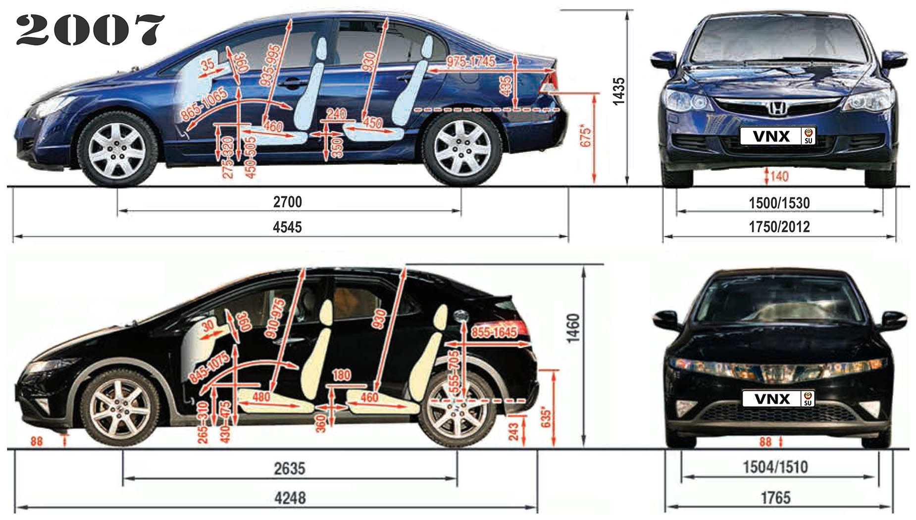 Габаритные размеры Хонда Сивик 2006-2011 (dimensions Honda Civic 4D/5D Mark VIII)