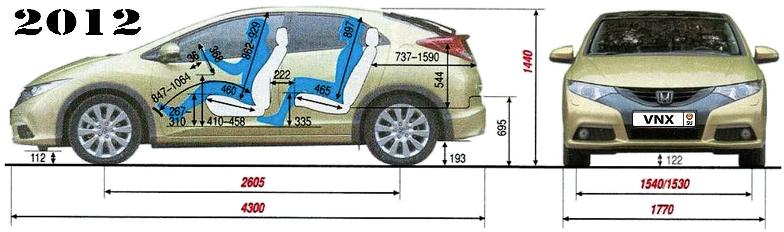Габаритные размеры Хонда Сивик 5Д 2011-2017 (dimensions Honda Civic 5D Mark IX)