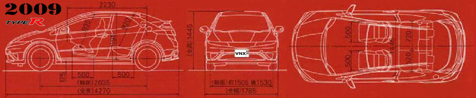 Габаритные размеры Хонда Сивик тип Р 3Д 2006-2011 (dimensions Honda Civic Type R 3D Mark VIII)