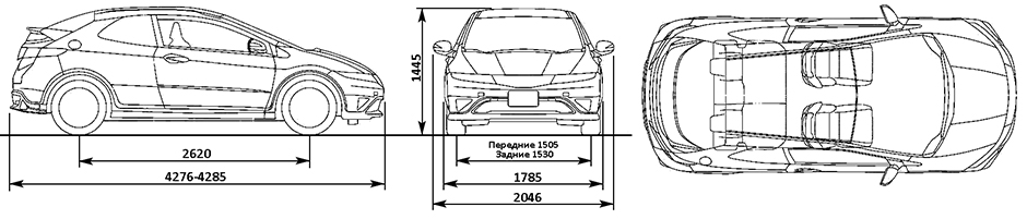 Габаритные размеры Хонда Сивик Р 3Д 2006-2011 (dimensions Honda Civic Type R 3D mk8)