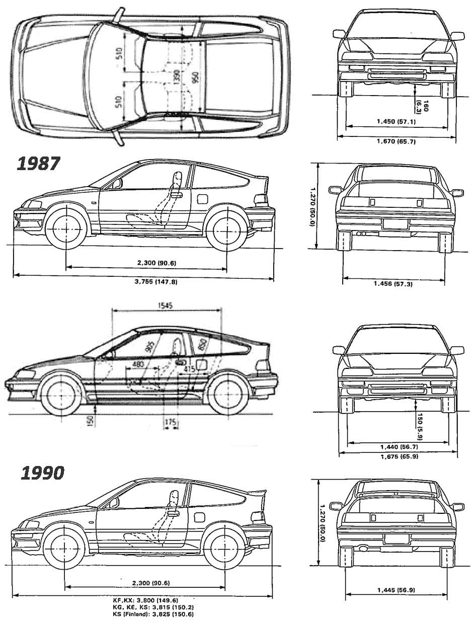 Габаритные размеры Хонда Сивик купе 1987-1991 (dimensions Honda Coupe CRX)