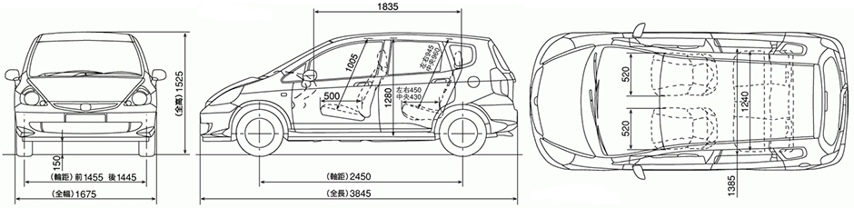 Габаритные размеры Хонда Джаз 2001-2008 (dimensions Honda Jazz I)