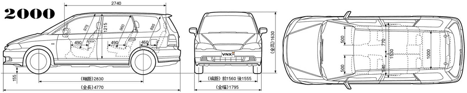 Габаритные размеры Хонда Одиссей 1999-2003 (dimensions Honda Odyssey Mk2)