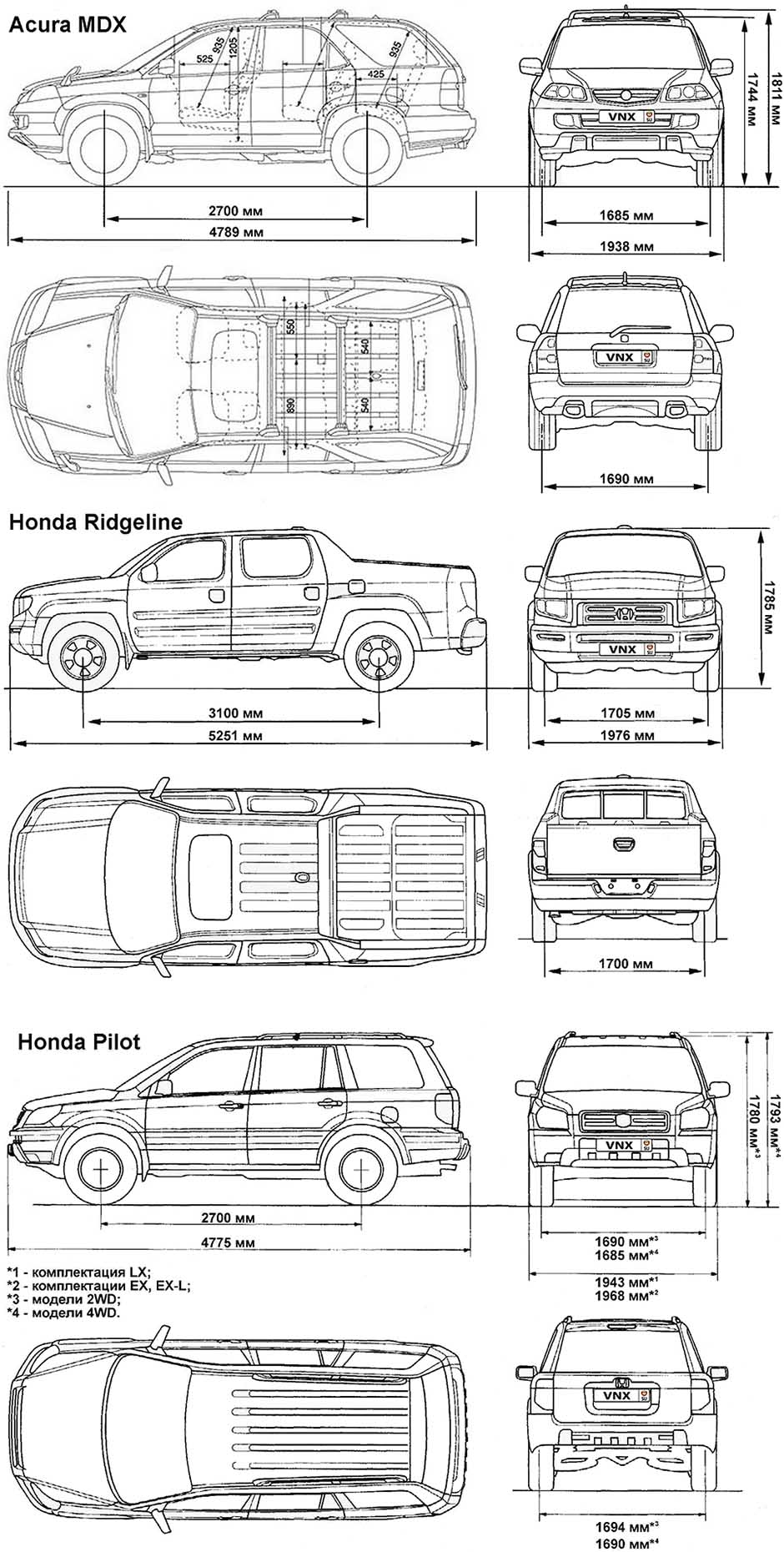 Габаритные размеры Акура МДИкс 2001–2006, Хонда Пилот 2003–2008 и Риджлайн 2006–2014 (dimensions Acura MDX YD1/ Honda Pilot/ Ridgeline)