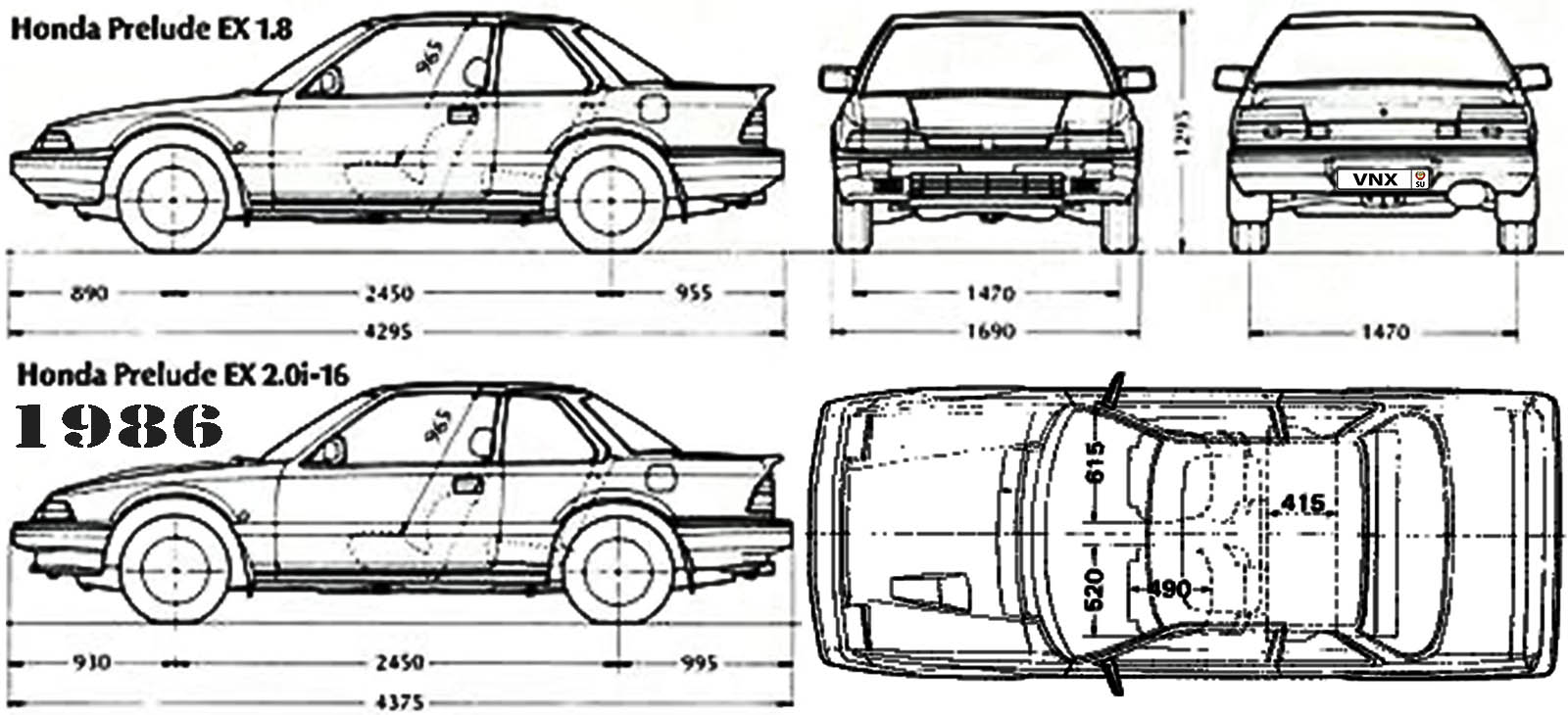 Габаритные размеры Хонда Прелюд 1986 (dimensions Honda Prelude mark II)