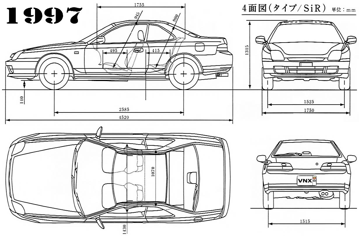 Габаритные размеры Хонда Прелюд 1996-2001 (dimensions Honda Prelude Mark V)