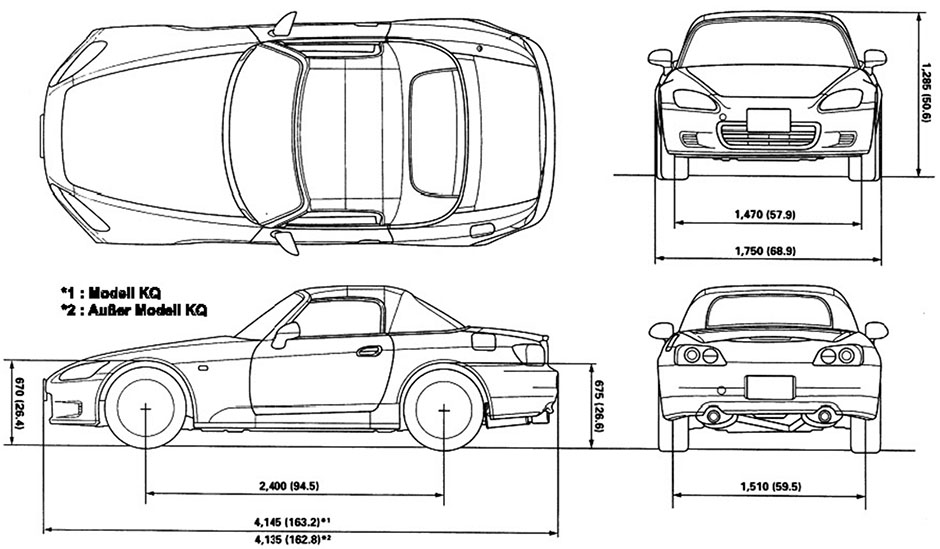 Габаритные размеры Хонда С2000 с 1999 (dimensions Honda S2000)