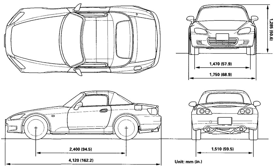Габаритные размеры Хонда С2000 2000-2003 (dimensions Honda S2000)