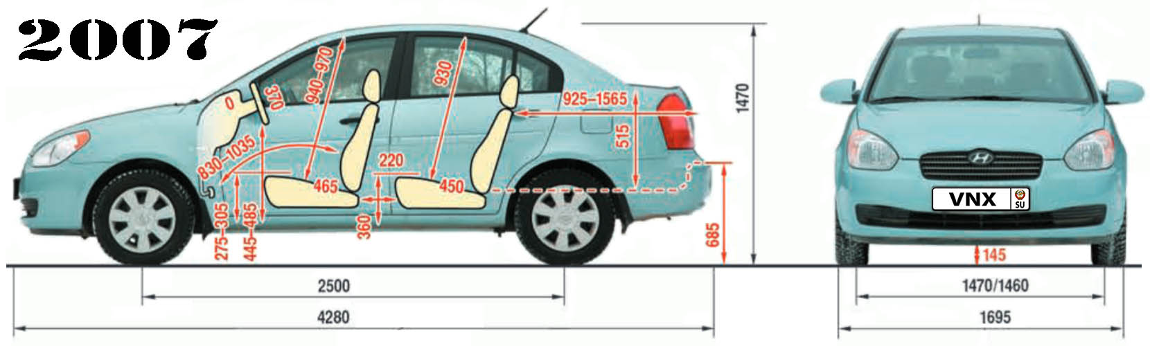 Габаритные размеры Хундай Акцент Верна 2007 (dimensions Hyundai Accent Verna)