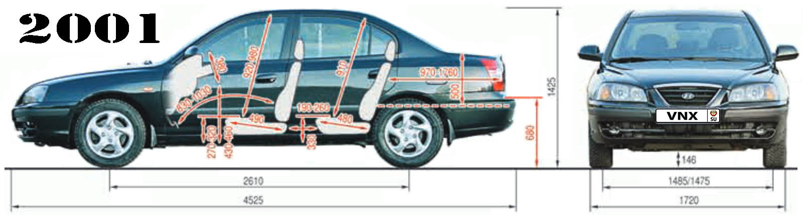 Габаритные размеры Хундай Элантра 2000-2006 (dimensions Hyundai Elantra XD)