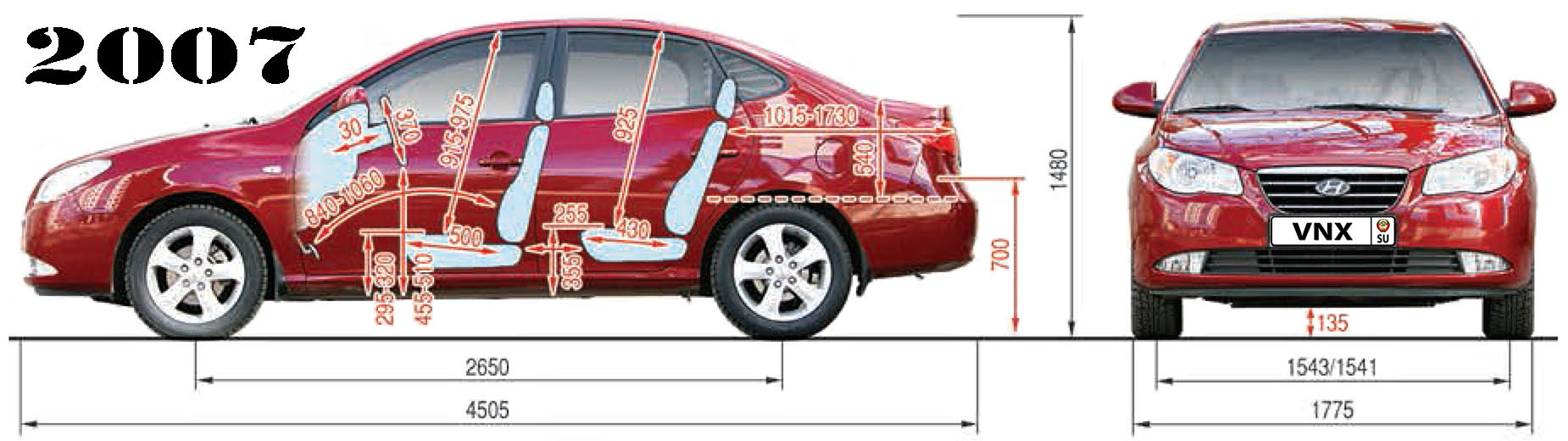 Габаритные размеры Хёндэ Элантра 2007 (dimensions Hyundai Elantra HD)