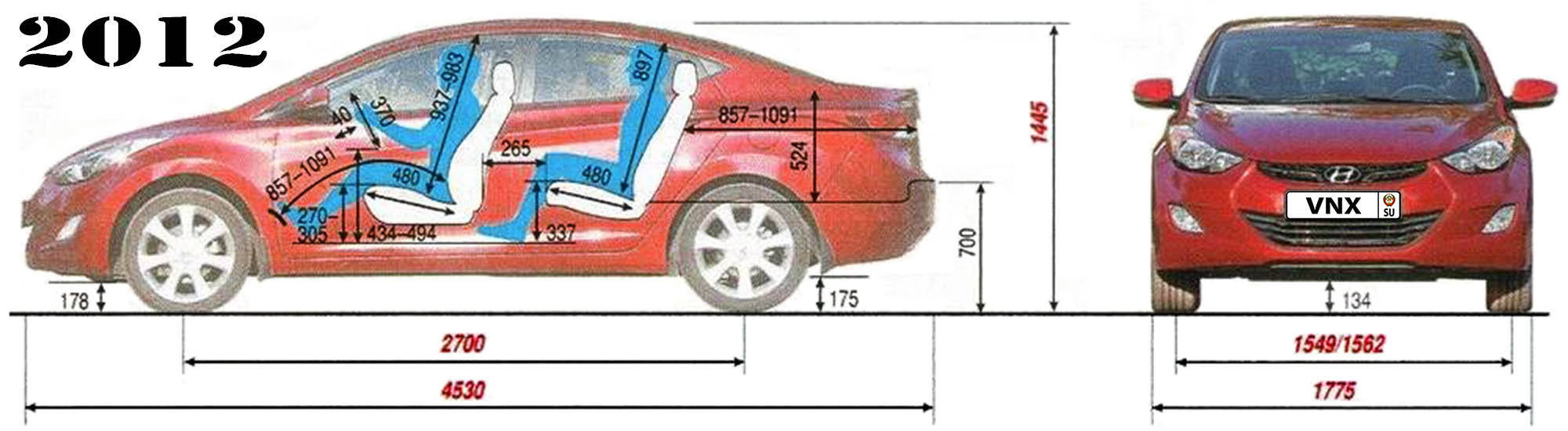 Габаритные размеры Хёндэ Элантра 2012 (dimensions Hyundai Elantra MD)