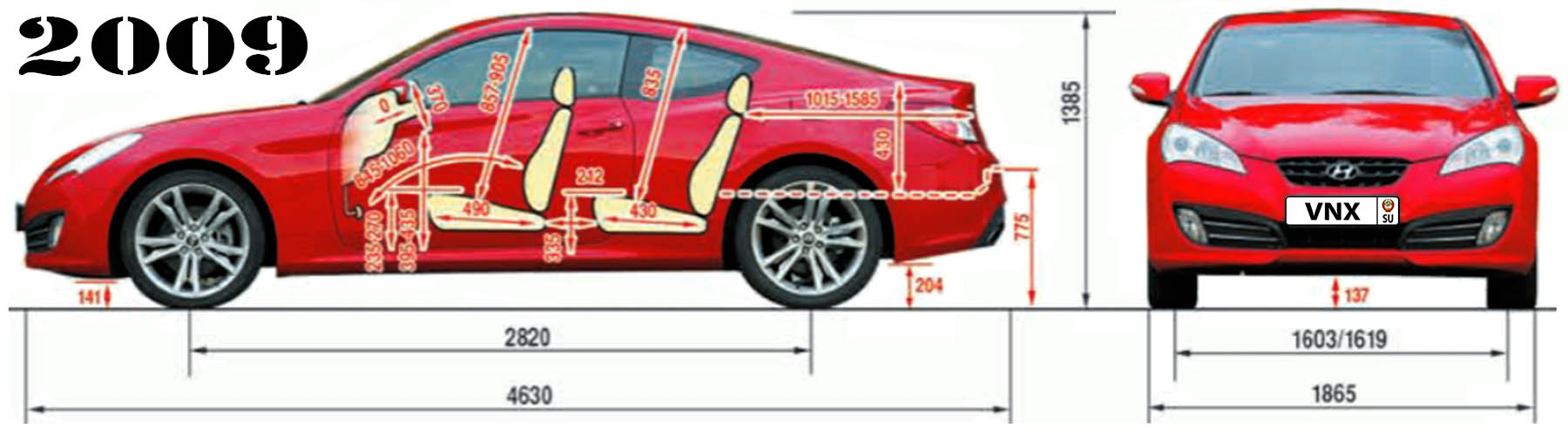 Габаритные размеры Хёндэ Генезис Купе 2009 (dimensions Hyundai Genesis Coupe)