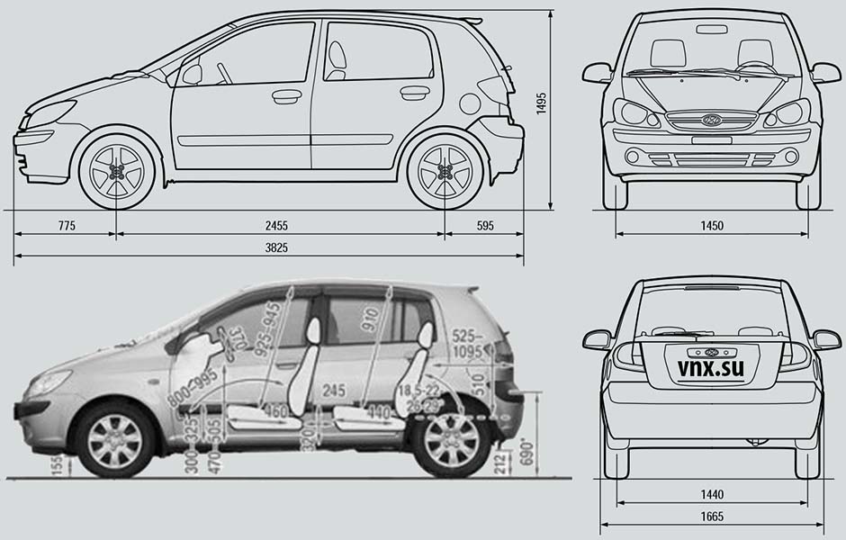 Габаритные размеры Хундай Гетц (dimensions Hyundai Getz 2005-2011)