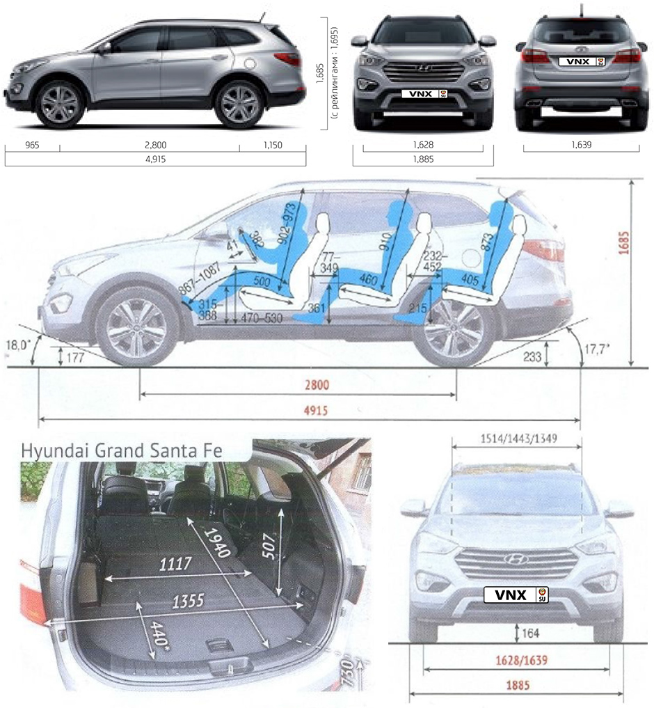 Габаритные размеры Хундай Санта Фе Гранд с 2012 (dimensions Hyundai Grand Santa Fe)