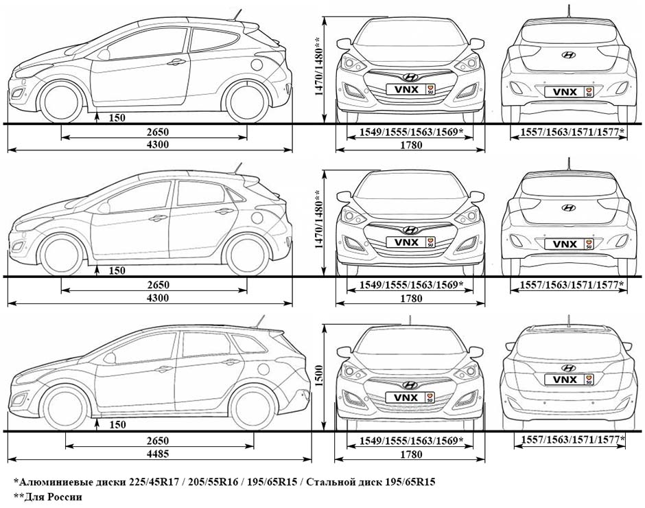 Габаритные размеры Хундай и30 с 2011 (dimensions Hyundai i30 Mark II)