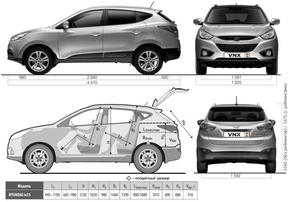 Габаритные размеры Хундай айИкс35 2009-2016 (dimensions Hyundai ix35)