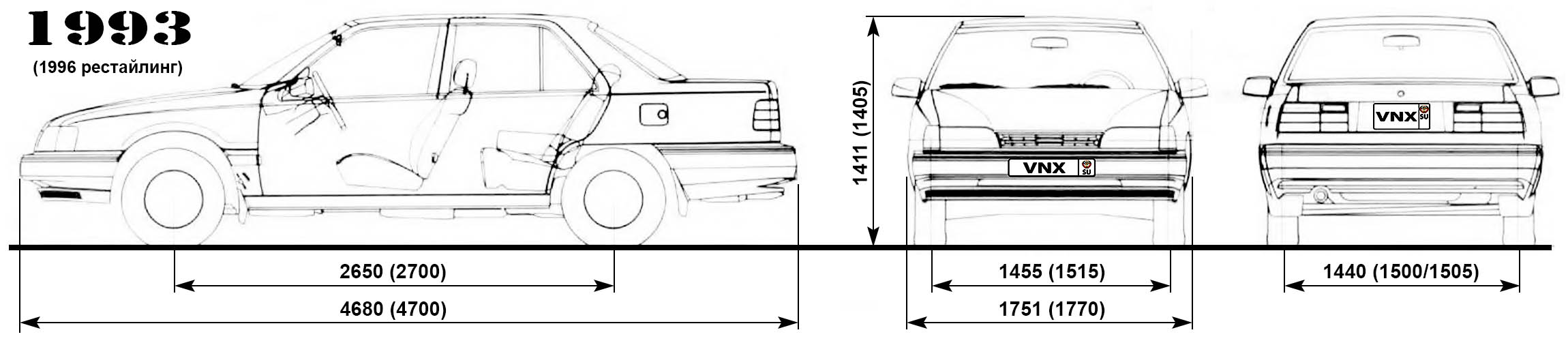 Габаритные размеры Хундай Соната 1993-1998 (dimensions Hyundai Sonata mk3)