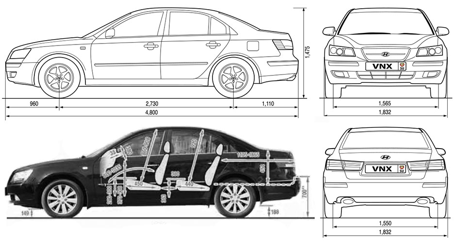 Габаритные размеры Хундай Соната 2004-2010 (dimensions Hyundai Sonata NF)