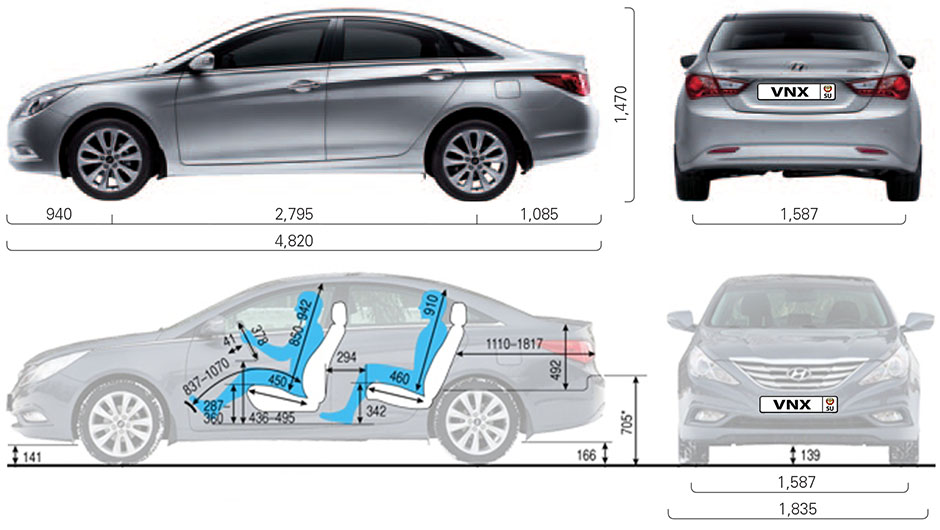 Габаритные размеры Хундай Соната 2009-2014 (dimensions Hyundai Sonata YF)