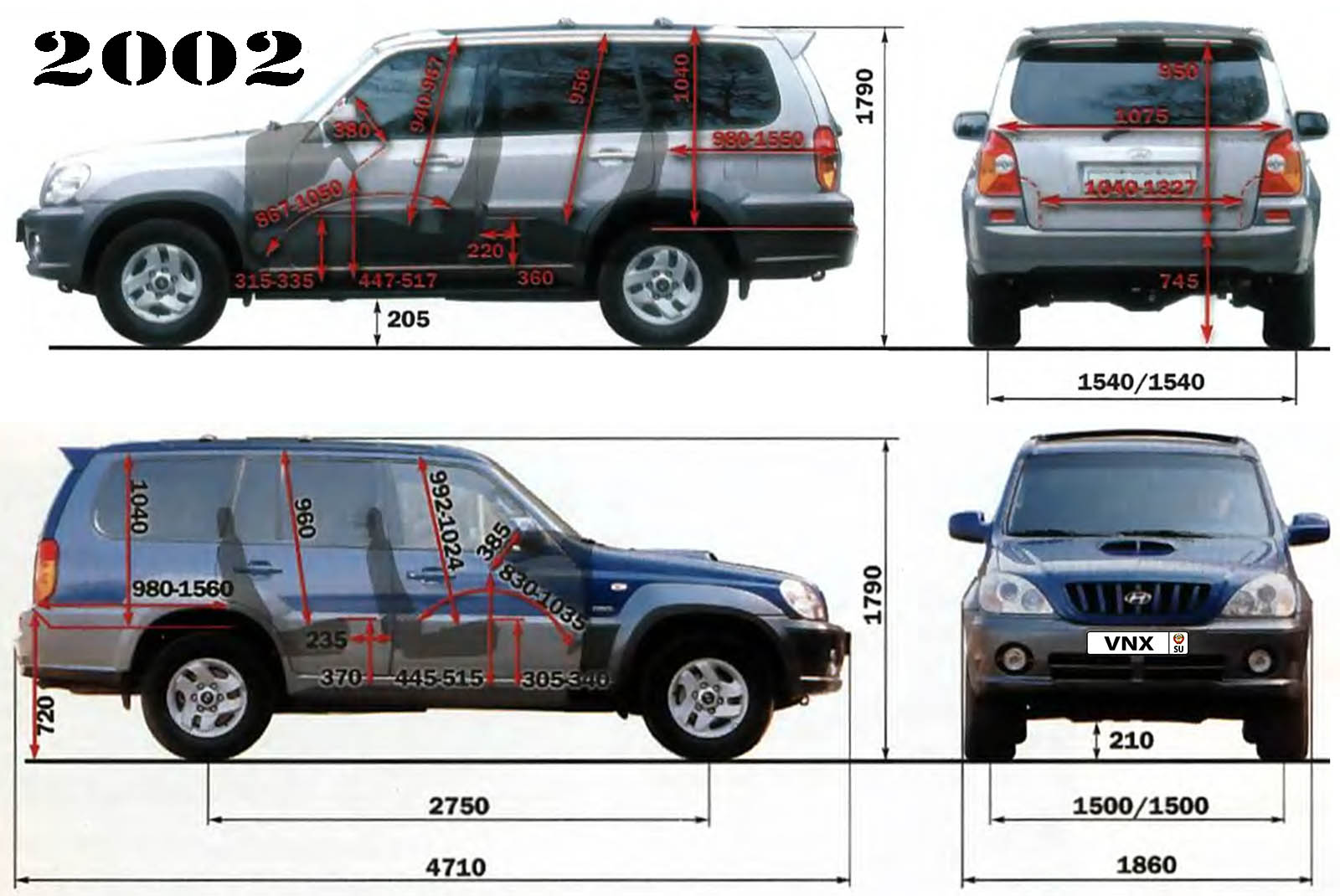 Габаритные размеры Хундай Терракан 2002 (dimensions Hyundai Terracan mk1)