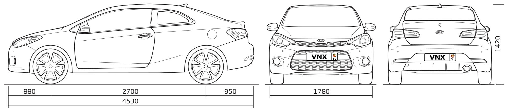 Габаритные размеры Киа Церато купе с 2012 (dimensions KIA Cerato KOUP YD)