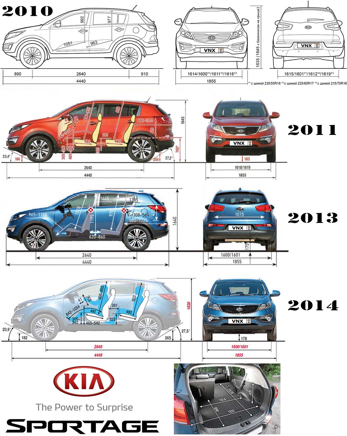 Габаритные размеры Киа Спортейдж 2010-2016 (dimensions Kia Sportage III)