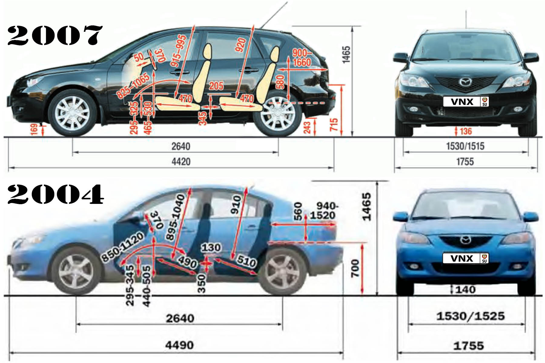 Габаритные размеры Мазда 3 Аксела 2003-2009 (dimensions Mazda 3 Axela mk1)