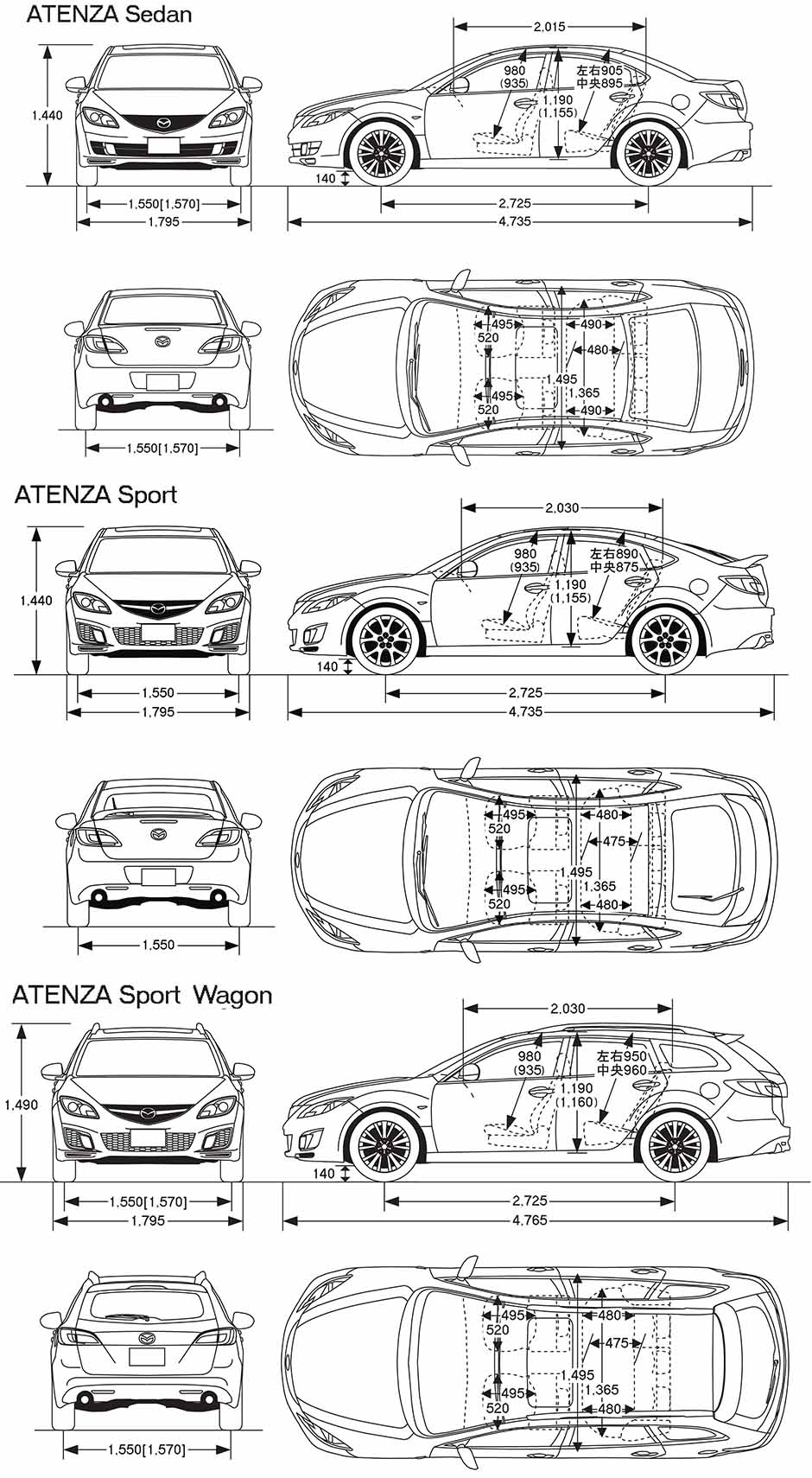 Габаритные размеры Мазда 6 2007-2012 (dimensions Mazda 6 Atenza)