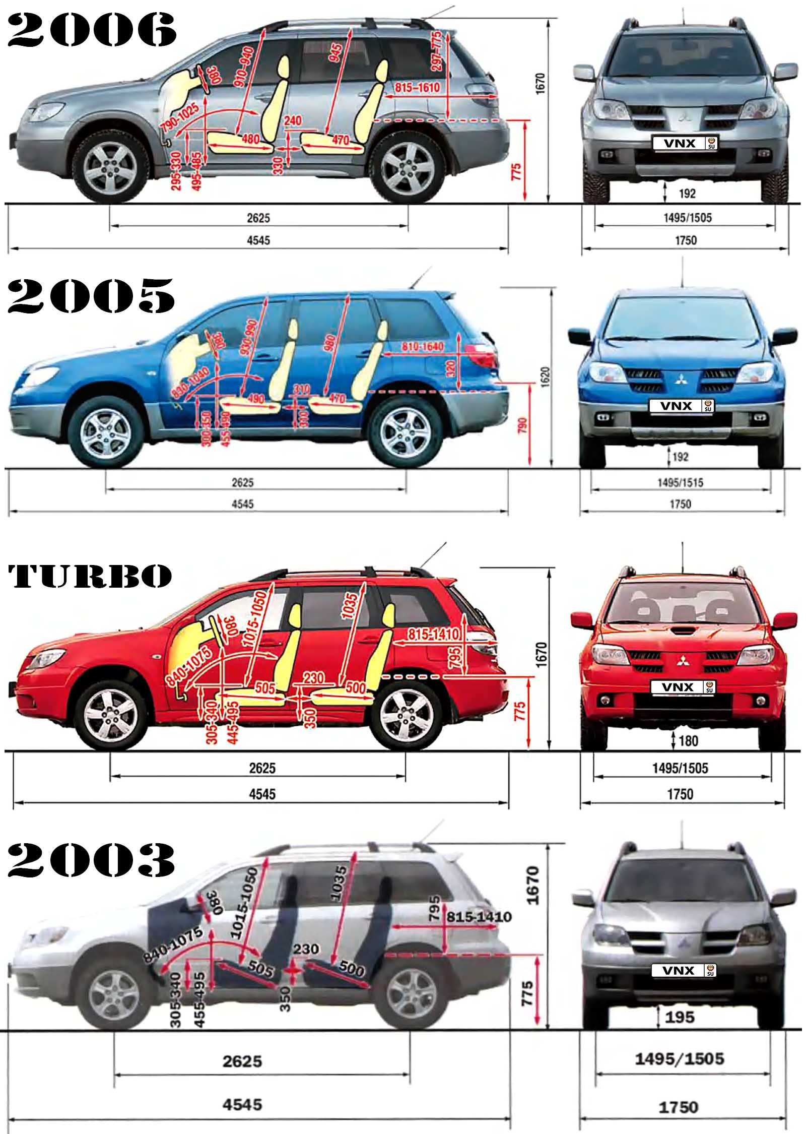 Габаритные размеры Мицубиси Аутлендер 2003-2006 (dimensions Mitsubishi Outlander mk1)
