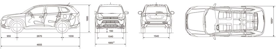 Габаритные размеры Мицубиси Аутлендер модели третьего поколения выпуска с 2012 (dimensions Mitsubishi Outlander)