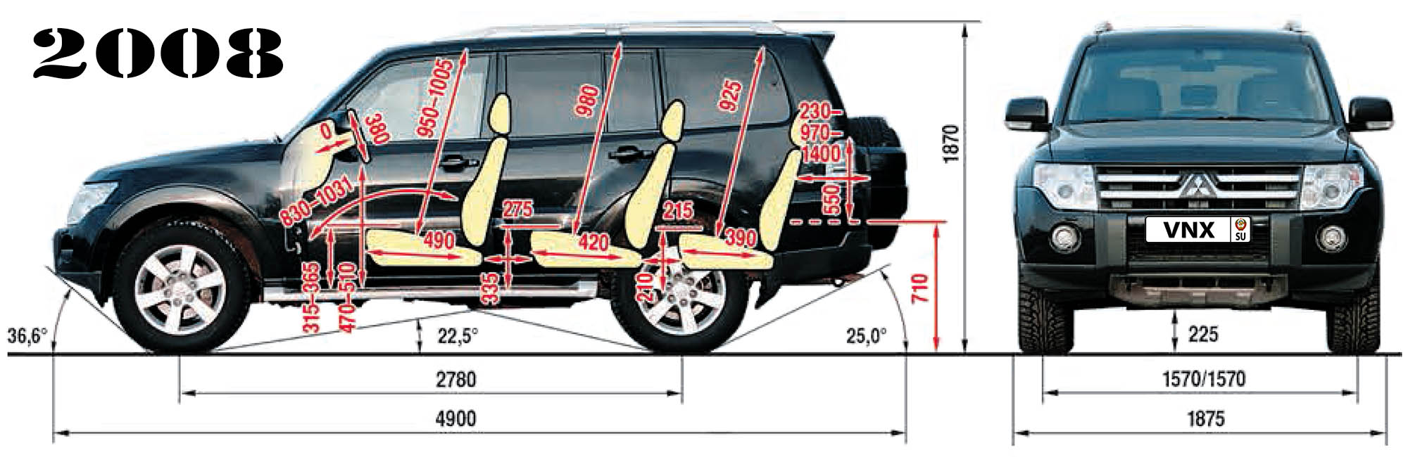 Габаритные размеры Мицубиси Паджеро 2008 (dimensions Mitsubishi Pajero mk4)