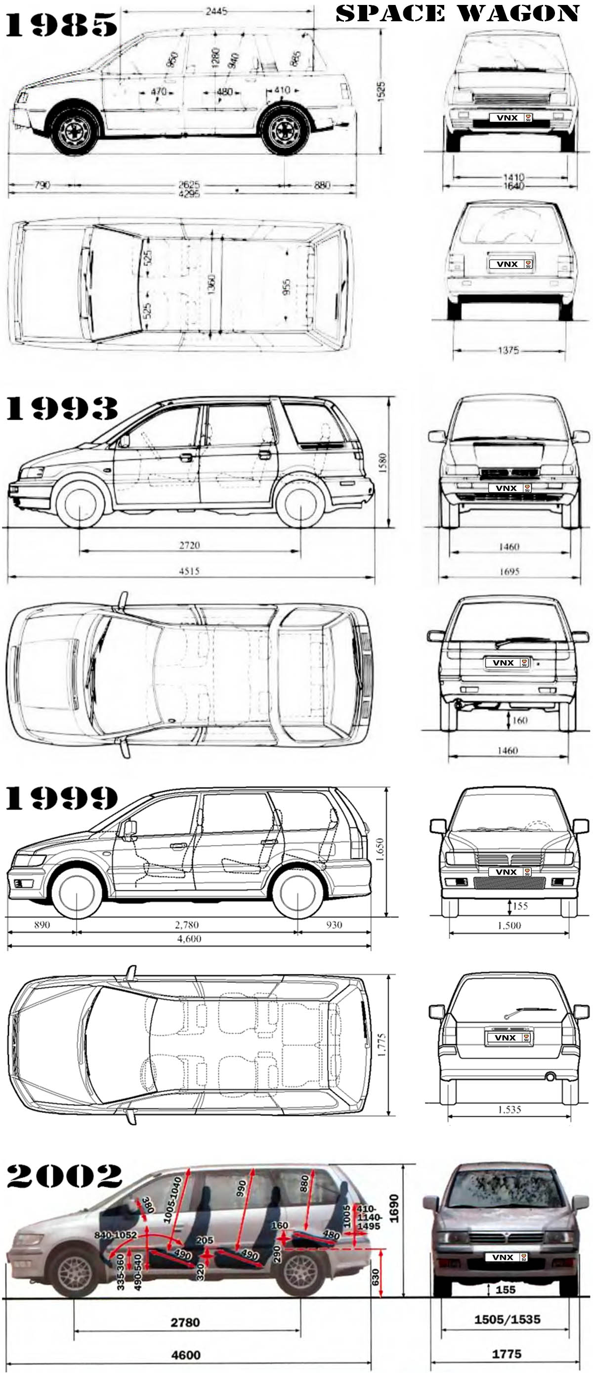 Габаритные размеры Мицубиси Спэйс Вагон 1983-2003 (dimensions Mitsubishi Space Wagon mk1/mk2/mk3)