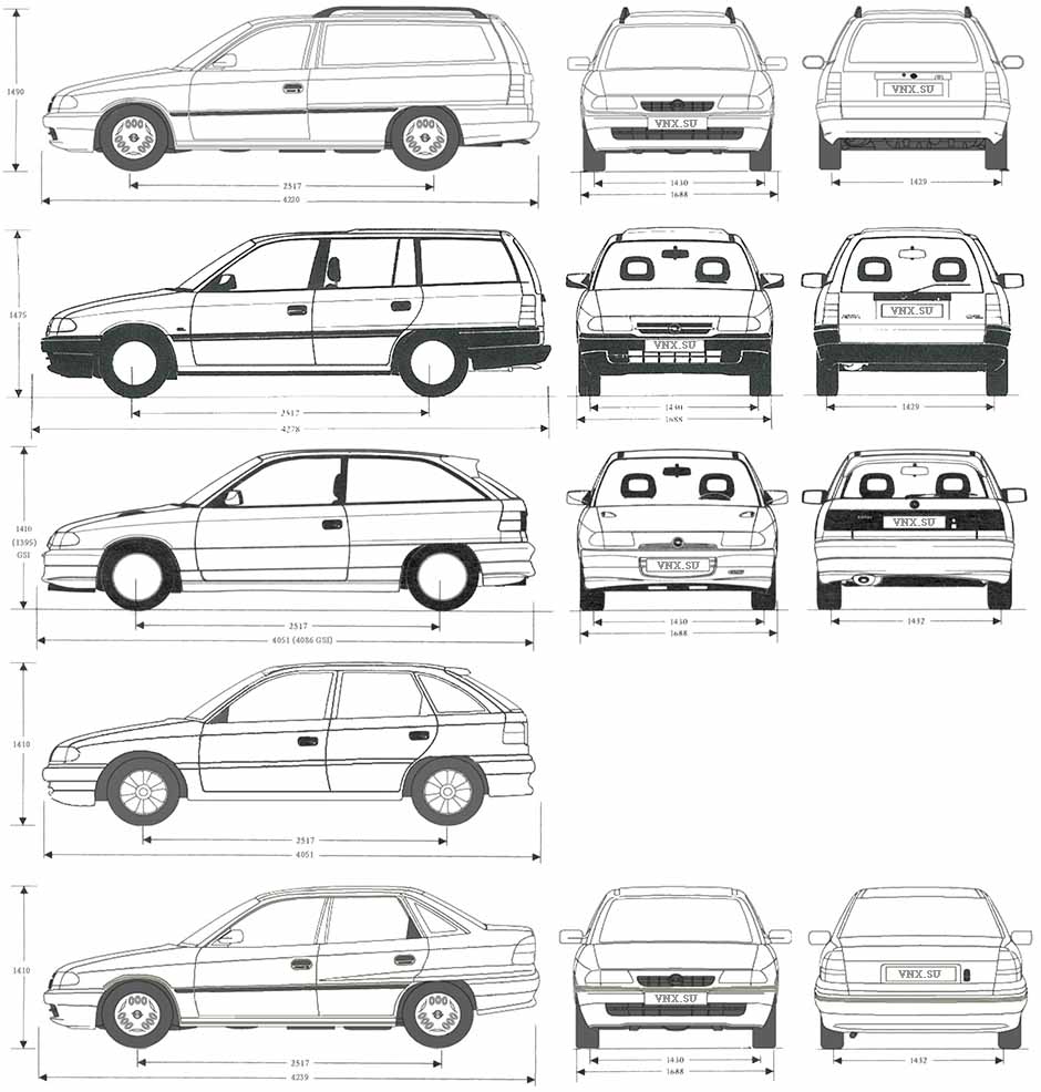 Габаритные размеры Опель Астра «Ф» (dimensions Opel Astra F)