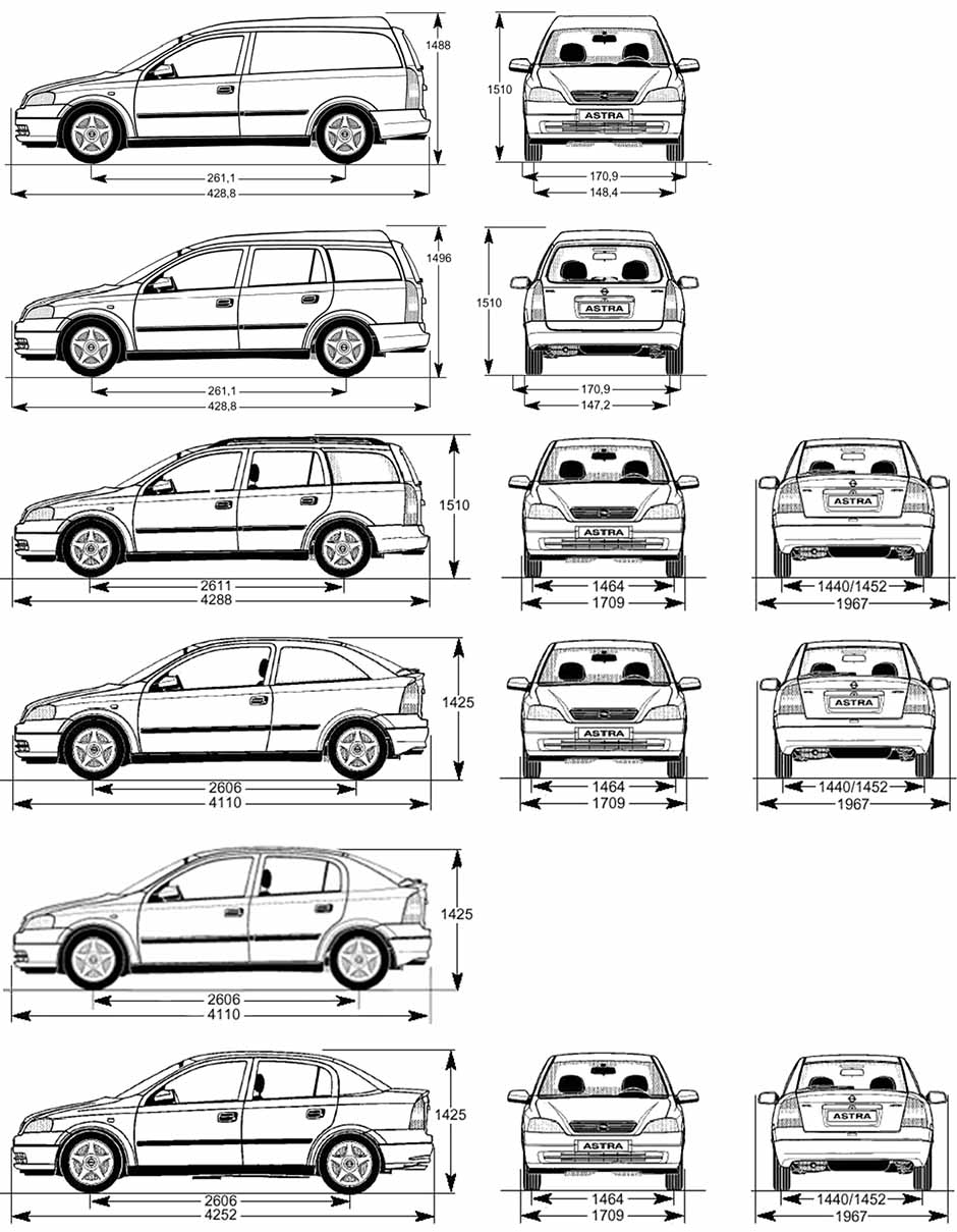 Габаритные размеры Опель Астра 1998-2006 (dimensions Opel Astra G)