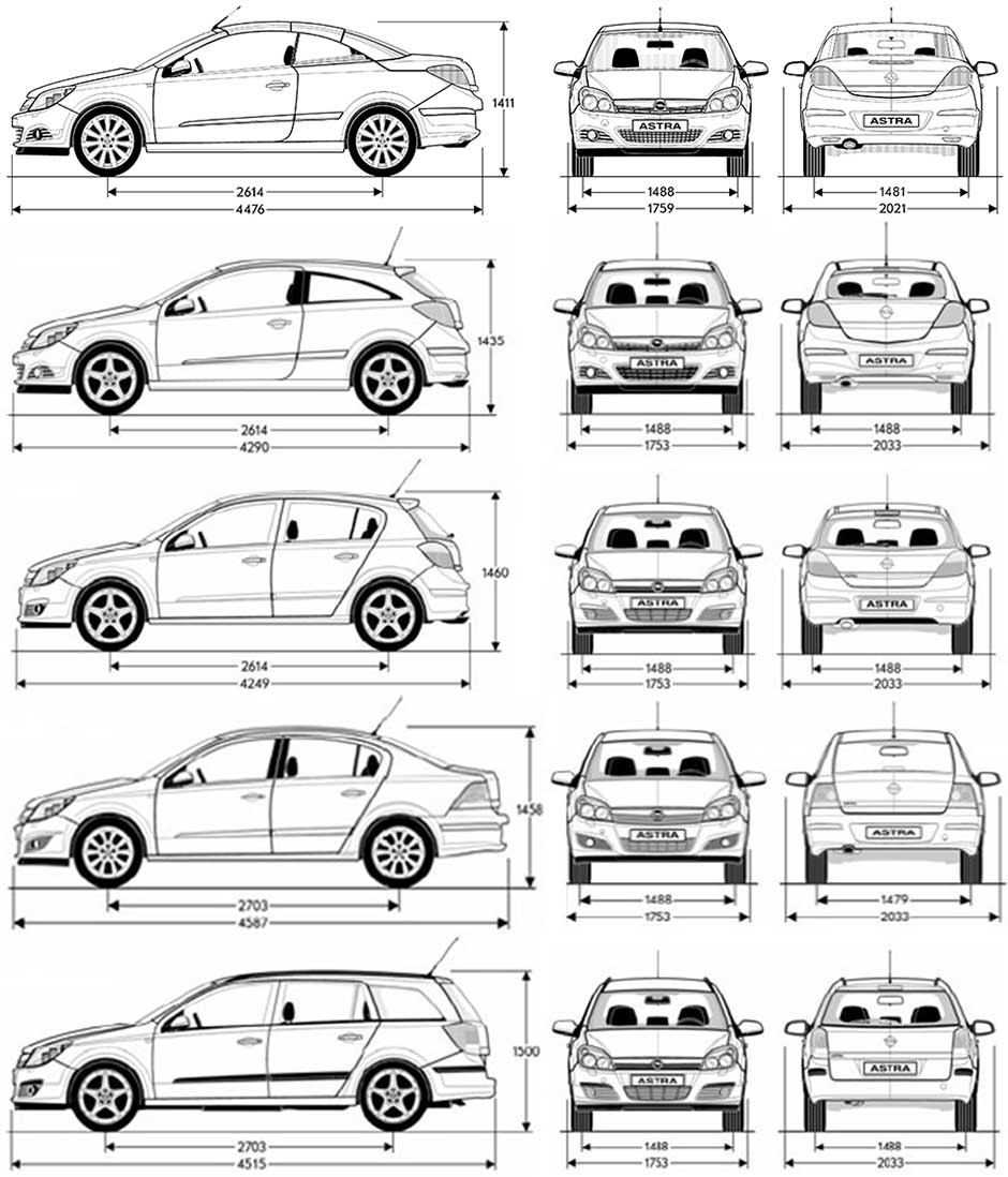 Габаритные размеры Опель Астра 2004-2014 (dimensions Opel Astra H)