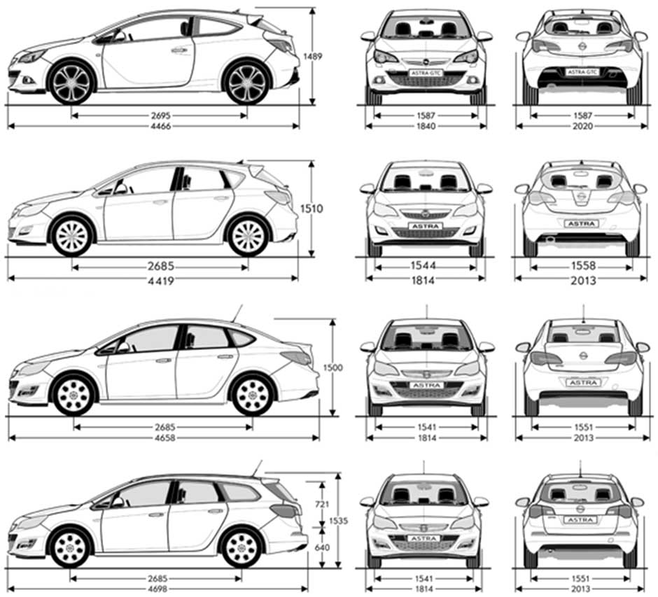 Габаритные размеры Опель Астра 2009-2015 (dimensions Opel Astra J)