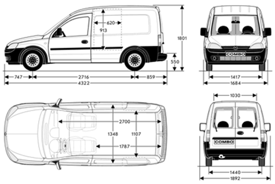 Габаритные размеры Опель Комбо 2000-2006 (dimensions Opel Combo)