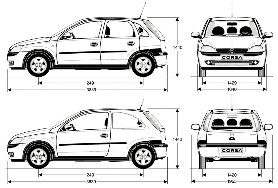 Габаритные размеры Опель (Воксхол) Корса «Ц» 2000-2003 (dimensions Opel Corsa «C»)