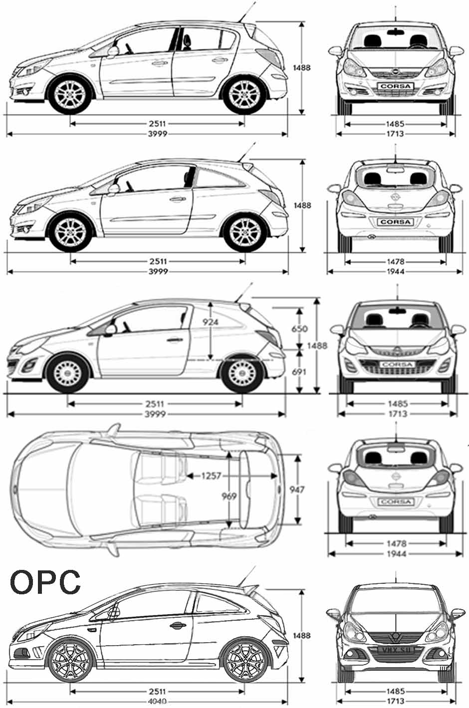Габаритные размеры Опель Корса «Д» 2006-2015 (dimensions Opel Corsa D)