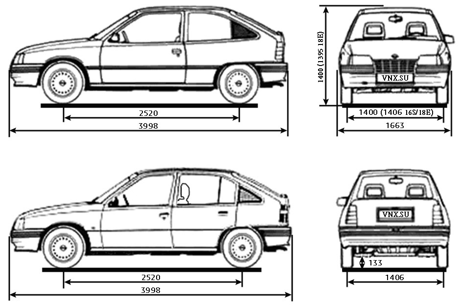 Основные габаритные размеры Кадет «Е» (dimensions Opel Kadett E)