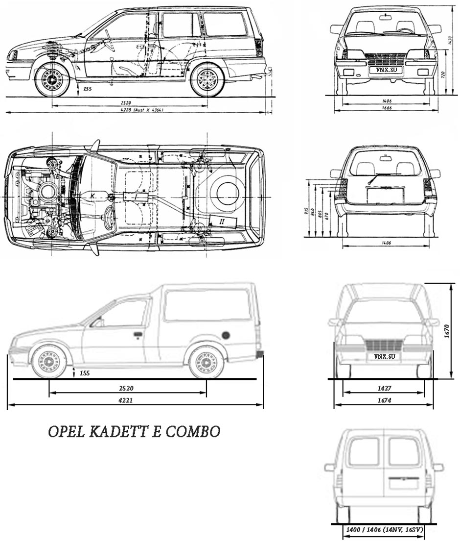 Габаритные размеры Опель Кадет «Е» (dimensions Opel Kadett E Estat, Van, Combo)