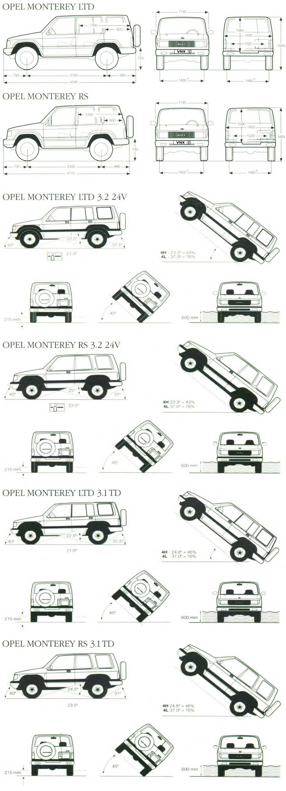 Габаритные размеры Опель Монтерей 1992-1998 (dimensions Opel Monterey)