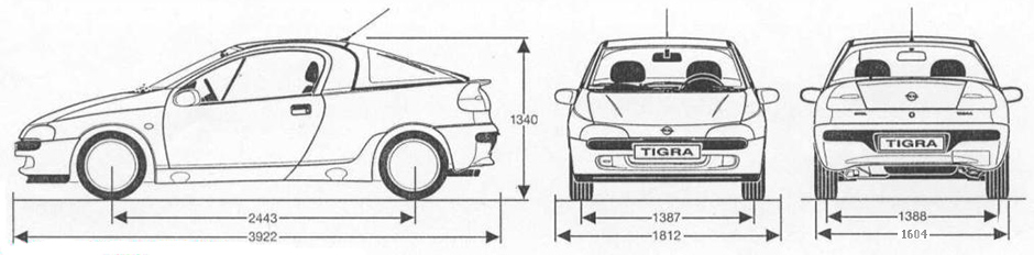 Габаритные размеры Опель Тигра 1994-2000 (dimensions Opel Tigra A)