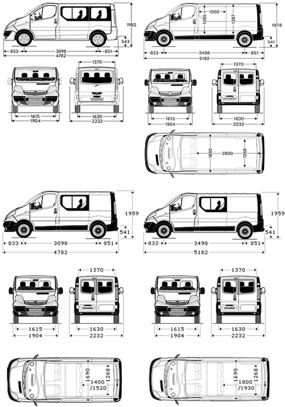 Габаритные размеры Рено Трафик, Ниссан Примастар, Опель Виварос 2001 (dimensions Renault Trafic Ⅱ, Nissan Primastar, Opel Vivaro)